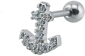 BlackAmazement 316L Edelstahl Tragus Helix Ohrstecker Anker Anchor Zirkonia besetzt Silber Damen