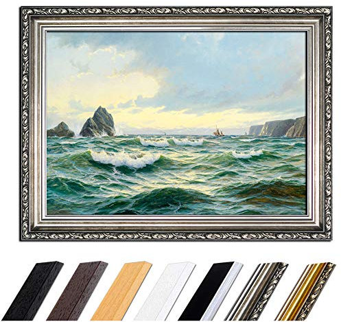 Bild mit Rahmen - Michael Zeno Diemer Felsige Meeresküste im frühen Morgenlicht 110x85 cm - Gerahmtes Leinwandbild Alte Meister - Antiker Rahmen Silber Barock, Klassisch