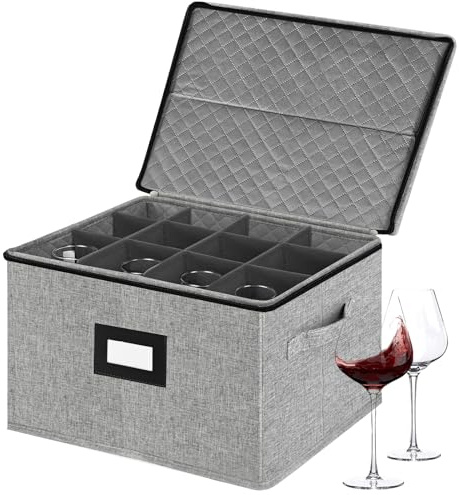 homyfort Wine Glass Storage Box, China Storage Containers with Dividers, Stemware Storage Case Holds 12 Wine Glass or long stem Crystal Glassware with Handles, Hard Shell and Stackable (Grey)