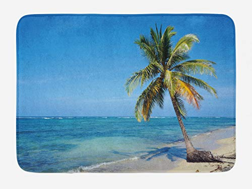 ABAKUHAUS Cacun Badematte, Bild von Einer einzigen Palme, Plüsch Badezimmer Dekor Matte mit Rutschfester Rückseite, 45 cm x 75 cm, Sea Blue Multicolor