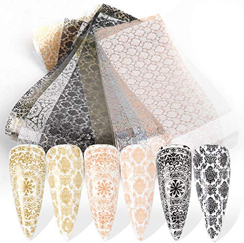 10pcs Nail Art Decor Hollow Shimmer Manicure Nail Foil Lace Flower Nails Stickers Gold Black