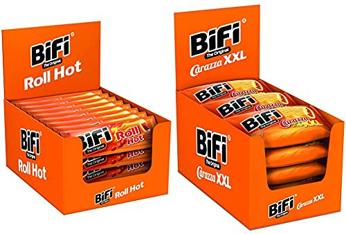 BiFi Roll Hot – 24er Pack (24 x 45 g) – Herzhafter, pikanter Salami Fleischsnack – Snack im Teigmantel & Carazza Original XXL – 16er Pack (16 x 75 g) – Herzhafter Pizzasnack zum Mitnehmen