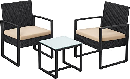 SONGMICS Balkonmöbel, Gartenmöbel-Set, aus PE-Polyrattan, Lounge-Set, Tisch und 2 Stühle, Terrassenmöbel, einfache Montage, Outdoor, für Terrasse, Balkon, Garten, schwarz-beige GGF010M05