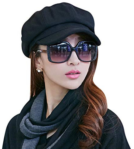 Cappello da donna in lana stile francese, berretto invernale a 8 pannelli, berretto con visiera a picco, berretto elegante, cappello da donna, Nero , L/XL