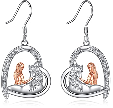 Pferd Ohrringe Mädchen Herz Tropfen Ohrringe 925 Sterling Silber Schmuck Geschenk für Damen Freund (Roségoldene Pferdeohrringe)