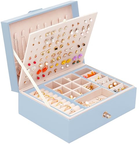 QBestry Girls Jewelry Box Earring Holder Organizer for Teens - Blue Storage for Necklaces, Rings, Studs