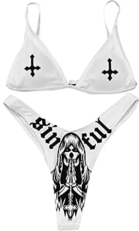 ANKOMINA Damen Gothic Totenkopf Buchstabe Bedruckt Zweiteiliger Badeanzug High Cut Triangle Bikini Set für Rave Party Festival Halloween, Weiß a, Large