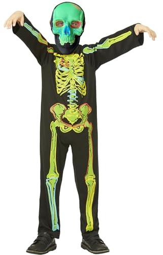 Smiffys Neon Skeleton Glow in the Dark Costume All In One & Mask, Halloween Child Fancy Dress, Skeleton Dress Up Costumes, World Book Day