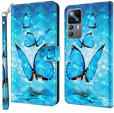 GLANDOTU Handyhülle für Xiaomi 12T Pro/Xiaomi 12T Lederhülle [Standfunktion] [Magnetverschluss] Flip PU Leder Cover Case Klapphülle Xiaomi 12T Pro/Xiaomi 12T Schutzhülle (Blauer Schmetterling)