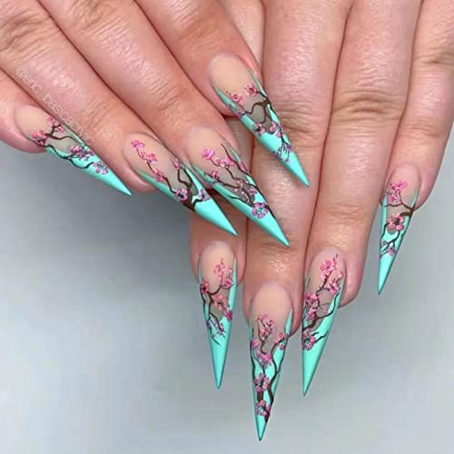 JUSTOTRY 24 Pcs Flower Stiletto Fake Nails Long,Green French Press on Nails Patterns, Beautiful Almond Stick on Nail for Women, Acrylic Extra Long False Nail for Nail Art