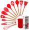 AEX Set di utensili da cucina, 12 pezzi, in silicone antiaderente, set di spatole da cucina con supporto, manico in legno, resistente al calore, in silicone (rosso persiano)
