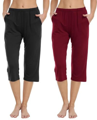 JINSHI Womens 2 Pack Cropped Pyjama Bottoms Soft Capri Lounge Sleep Pants | Super Soft Cozy PJ bottoms for sleepwear, loungewear, nightwear, yoga, jogging, gym, casual wear.
