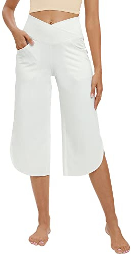G4Free Caprihose Damen Sommer Mit Taschen Weites Bein Yogahose Lose Freizeithose Bootcut Stretch Hose Hohe Taille Jazzpants