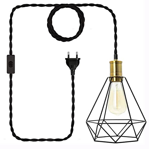 Industrial Vintage Plug in Pendelleuchte Kit mit Schalter - Geometrische Hängelampe Küche mit 4.5M Schwarz gedrehten Hanfseil Textilkabel E27 Hängende Käfige Lampenschirm Esszimmerlampe Küchenlampe