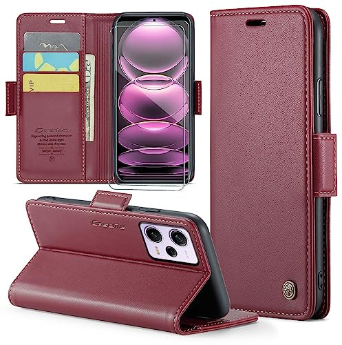 FERLAN Funda para Xiaomi Redmi Note 12 Pro Plus 5G + 2 Piezas Cristal Templado,Compatible con Carga inalámbrica, con Bloqueo RFID, Hebilla Magnetica, Ranuras para Tarjetas,Borgoña