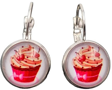 Stechschmuck Ohrringe Ohrhänger Handmade Brisuren Cupcake Muffin Kirschen Rot Rockabilly Silber Farben Damen Kitsch Kawaii 1 Paar Größe Wählbar (Brisuren 12mm)