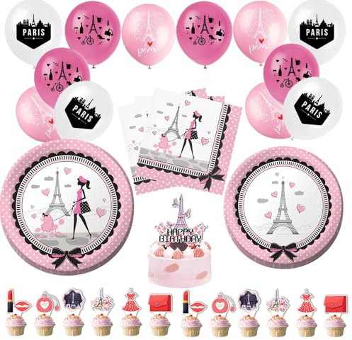 Paris Party Dekorationen Eiffelturm Rosa Geschirr Set Paris Teller Tassen Servietten Banner Traum Paris Thema Tischdecke Luftballons für Mädchen Geburtstag Hochzeit Babyparty Brautdusche Dekoration