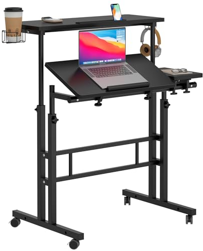 sogesfurniture Mobiler Rollschreibtisch mit Getränkehalter, mobiler rollbarer Stehpult, höhenverstellbar, kleiner Stehpult auf Rädern für Zuhause, Büro, Laptop, Wagen zum Stehen oder Sitzen, Schwarz
