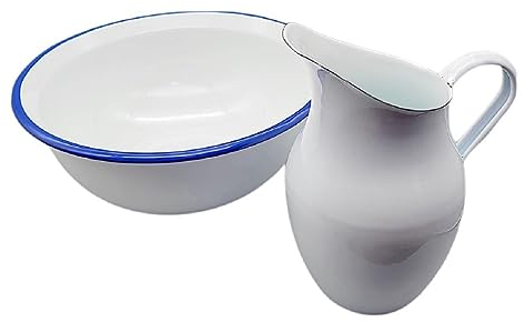 linoows Emaille Waschset, Waschtisch Set, Kanne und Waschschüssel Weiß, Blauer Rand