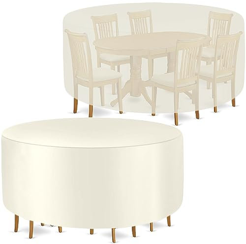 Abdeckung für Gartenmöbel, Abdeckplane Gartenmöbel Wasserdicht Anti-UV, 420D Oxford Schutzhülle Rund für Gartenmöbel Gartentische Sitzgarnituren Möbelsets –(Ø285x125cm) Beige