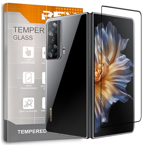 REY Protector de Pantalla Curvo para Honor Magic V2, Negro, Cristal Vidrio Templado Premium, 3D / 4D / 5D, Anti Roturas