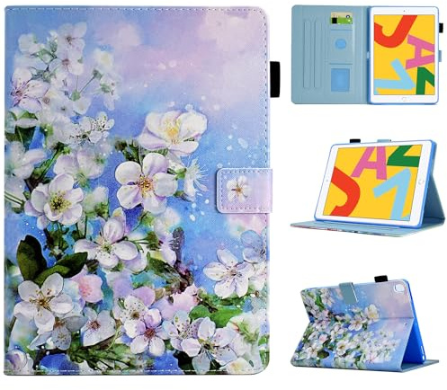 BYCeKe Case for iPad 9th / 8th / 7th Generation 10.2 Inch iPad Case (2021/2020/2019 Model, iPad 9/8/7), Slim Leather Stand Cover with Pencil Holder, Auto Wake/Sleep for iPad Air 3 Cover, White Flower