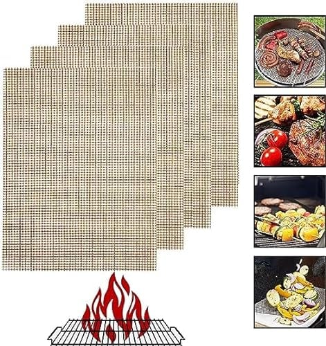 PXYOBTO Grill Mesh Mat - Set of 4 Non Stick BBQ Grill Mats, Heavy Duty Reusable Grilling Mats, Easy to Clean - Works on Gas, Charcoal, Pellet Grill - 15.75 x 13 in (4 pcs Gold Mesh Mat)