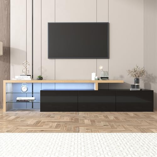Merax TV-Bänke TV-Schrank Lowboard Fernsehschrank mit Hochglanzweiß, Holzoptik, Glasböden und LED-Beleuchtung für Moderne Eleganz und praktischen Stauraum Schwarz + Holzfarbe