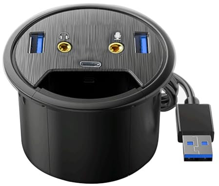 CHICHIYANG Grommet Desk-Fit USB 3.0 Hub, 2 Port Type-C with 3.5mm Audio Mic Jack Plus 3.2 inch Expandable Case