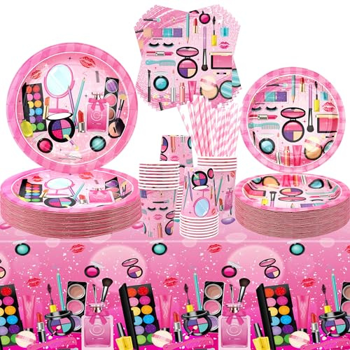 Forniture per festa spa – Per 40 persone – Stoviglie per feste a tema trucco – Piatti da dessert, piatti, tazze, tovaglioli, tovaglia spa trucco, cannucce per ragazze e donne,