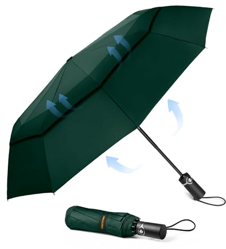 TECKNET Paraguas Plegable, Antiviento Sombrilla con Doble Cubierta para Hombres, Automático Abierto y Cierre, Ligero Portátil, Viaje Grandes Umbrella de 10 Varillas, Verde