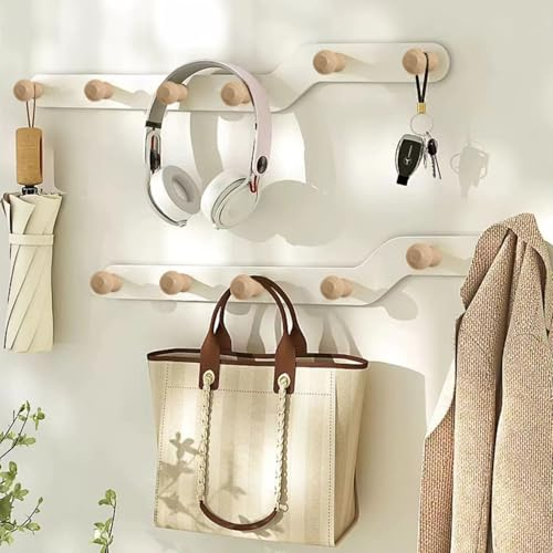 devesanter Kleiderhaken Wand 2 Stück,Garderobenhaken mit 6 Holz Haken Wandgarderobe, Platzsparend Garderobenleiste zum Aufhängen,für Mäntel, Handtücher, Hüte, Schlüssel, Geldbörse und Bademantel（Weiß）