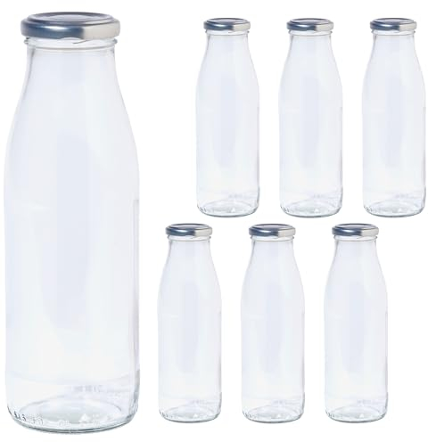 Vitrea 6 leere Glasflaschen 500ml Schraubverschluss Silber - Milchflaschen, Saftflaschen, Flaschen zum Befüllen mit Deckel - für, Saft, Smoothies, Öl - 6 Stück, TO48, Milch