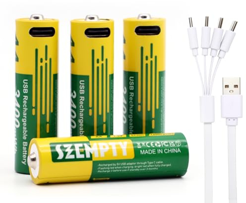 SZEMPTY 3400mWh AA Wiederaufladbar Batterien-4 Pack, 2250mAh 1,5V USB-C Lithium AA Akku Aufladbare, Mit 4 in 1 Typ C Ladekabel, Über 1200 Zyklen.