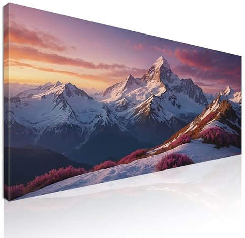 Quadro montagne innevate al tramonto rosa e blu, quadro soggiorno, grande, paesaggio montagne, decorazione da parete, Tramonto sulle montagne innevate con fiori rosa mow36-100x40 cm