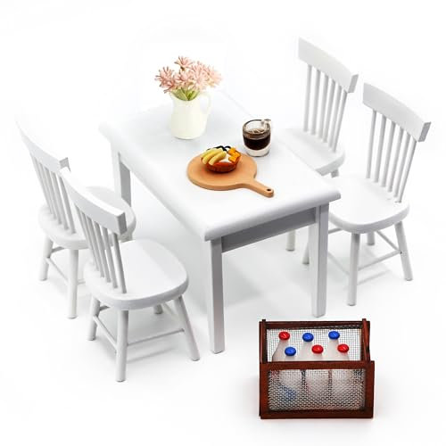 Minamzee 1:12 Puppenhaus Esstisch und Stühle Set, 17 Teiliges Miniatur Holz Puppenhaus Möbel Küchenmöbel Set mit Frühstückszubehör Puppenstubenmöbel für Küche, Wohnzimmer