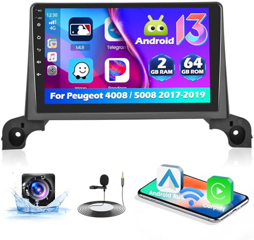 2+64GB Android Radio de Coche para Peugeot 3008 4008 5008 2017 2018 2019 2020, Wireless Carplay Android Auto, Pantalla Táctil 9 Pulgadas Autoradio con Navegación GPS Bluetooth FM RDS Cámara Trasera
