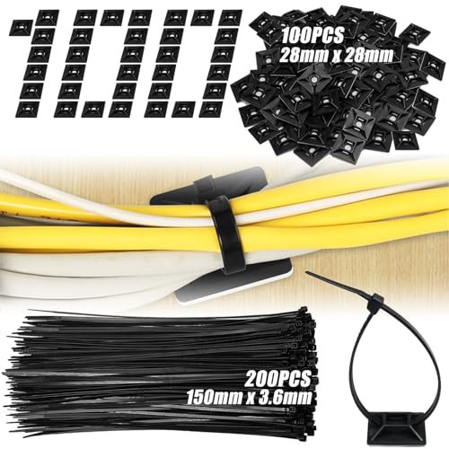 EUMAYES 200 Pz Fascette per Cavi Nere Resistente ai Raggi UV 150 x 3,6mm e 100 Pz 28 x 28mm Portacavi Autoadesivo, Plastica Fascette Portacavi Base Adesiva Set per Casa Ufficio Fissaggio Cavi
