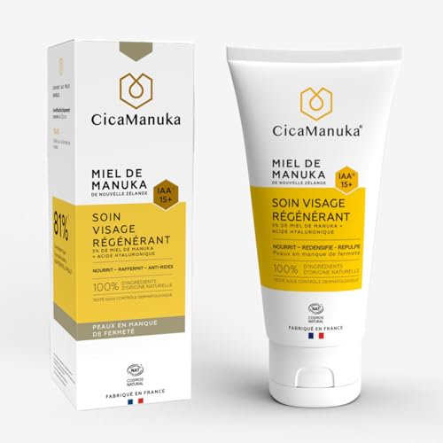 CICAMANUKA – Soin visage régénérant 5% de miel de Manuka IAA15+ et acide hyaluronique – Nourrit, Raffermit, Anti-rides - Peaux en manque de fermeté, sèches et sensibles - Tube 50ml
