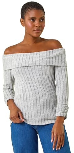 Roman Originals Ribbed Bardot Stretch Top for Women UK - Ladies Everyday Autumn Winter Comfy Soft Evening Vacation Work Party Night Out - Light Grey - Size 10