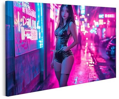 islandburner Bild auf Leinwand Asiatische Sexy Frau in schwarzem Lederoutfit bei Nacht in neonbeleuchteter Stadtstraße Cyberpunk Bangkok Bilder Wandbilder Poster