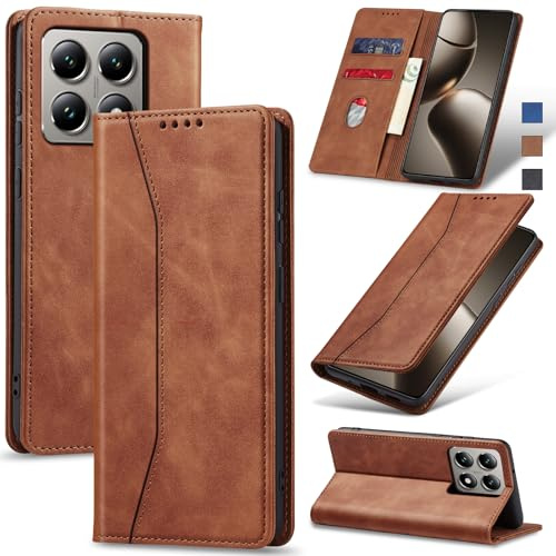 Jasonyu Handyhülle für Xiaomi 14T, PU Leder Flip Klapphülle, Braun | Magnetische Schutzhülle, Ständer, Kartenfächern, Klappbar, Stoßfeste TPU Stoßsicher Hülle
