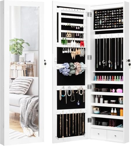 DECOMIL LED-Licht-Schmuckschrank mit Spiegel, großer Stauraum, 144,8 cm hoch, verspiegelte Box, Halskette, Ring, 27 Haken, für Mädchen und Damen, modern, Weiß (Weiß mit Aufhänger)