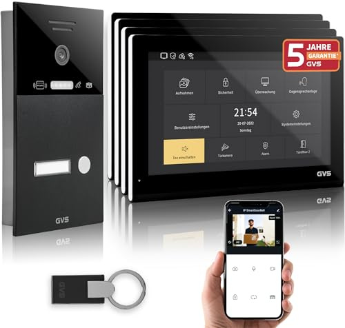 GVS IP Video Türsprechanlage mit Türöffner, RFID, 4X 10 Zoll Monitor & App | Smarte Video Türklingel mit Kamera und Monitor & App - Gegensprechanlage für 1 Familienhaus (AVS5539U)