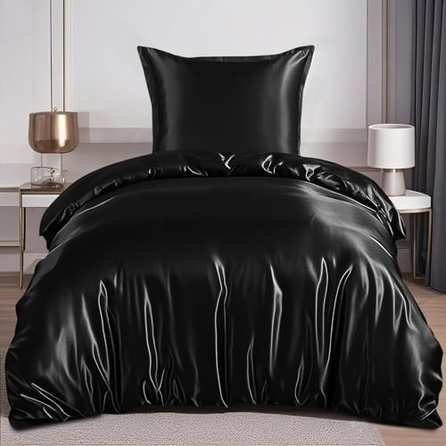 RUIKASI Satin Bettwäsche 140x200 Schwarz - Seidig Luxus Bettbezug mit Glanz wie Seiden Bettwäsche Set für Haar und Haut, Glänzend Bettwäsche 140x200cm mit Reißverschluss und Kissenbezug 80x80cm