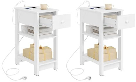 WOLTU Nachttisch 2er Set, mit Ladefunktion, Beistelltisch schmal, 30x65x45 cm, Nachtschrank mit 2 Steckdosen, 2 USB-Anschlüssen, weiß, Nachtkästchen modern, für Schlafzimmer Wohnzimmer, NTS20ws-2