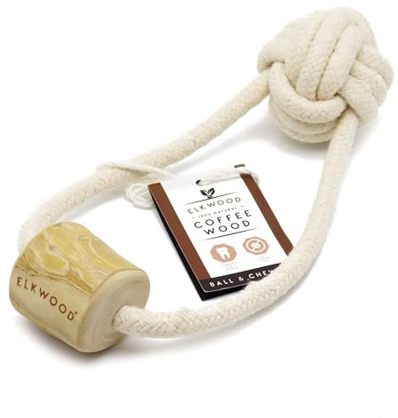 Elkwood Rope Coffee Wood Ball Chew Toy, Durable Tug & Play Hypoallergenic & Natural, Calorie-Free, Sustainable Tug Toy - No Caffeine, Sugar, or Artificial Ingredients
