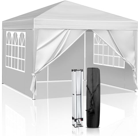 Outopee 3m x 3m Ez Pop Up Canopy Tent with 4 SideWalls, Outdoor Gazebo Portable Instant Canopyfor Commercial Events, Party, Backyard BBQ, Camping, White