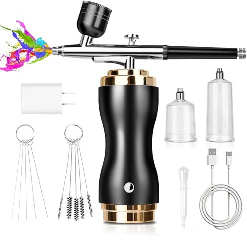 Daakro 48PSI Wiederaufladbares Airbrush Set,Mini Airbrush Gun mit Kompressor,Kabelloses Airbrush Kit für Kunst, Make-up, Tattoos,Kuchen dekorieren, Gießen Malerei(Schwarz)