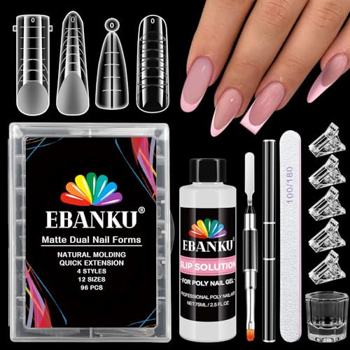 EBANKU Poly Gel NailForm - 96PCS Dual Forms for Builder Nail Extension, 4 Style 12 Size Set with 2.5oz Slip Solution, Brush, File, 5PCS Clips